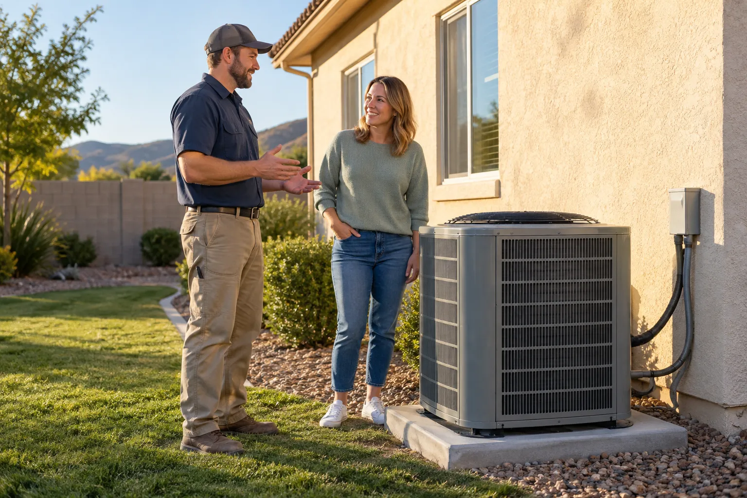 Friendly local provider showing a homeowner a new outdoor AC unit beside a stucco ranch home in Chula Vista